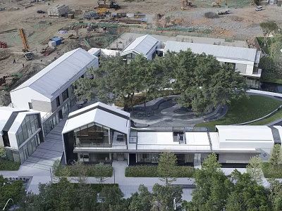 Modern Commercial Street Architecture With White Roofs Lush Trees And Green Spaces 3d model