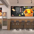 Modern Restaurant Interior With Open Kitchen Wooden Tables And Food Posters
