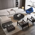 Modern Light Colored Sofa and Black Round Coffee Table Set with Dark Armchairs 3d model