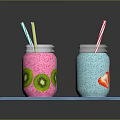 Colorful Fruit Mason Jar Drinks with Strawberry Kiwi Slices and Straws on Blue Tray