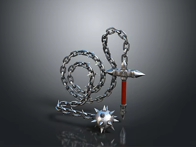 Medieval Spiked Chain Weapon with Metallic Links Spiked Ball and Red Handle Spear Head 3d model