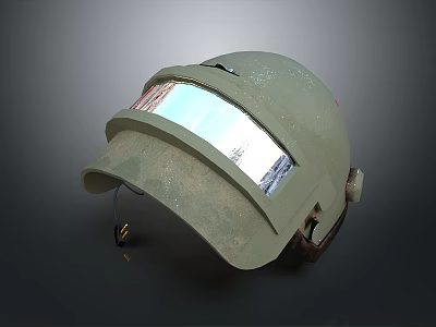 Military Green Helmet With Transparent Visor And Worn Details On Dark Background 3d model