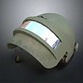 Military Green Helmet With Transparent Visor And Worn Details On Dark Background