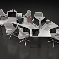 Modern White Office Desk Setup With Computer Monitors Keyboards And Office Chairs 3d model