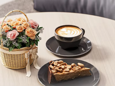 Elegant Decorative Ornament Set With Woven Rose Basket Coffee Cup And Nut Cake 3d model