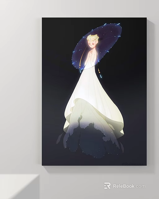 Elegant Digital Portrait of Woman in White Dress and Blue Sequined Hat Against Dark Background 3d model 