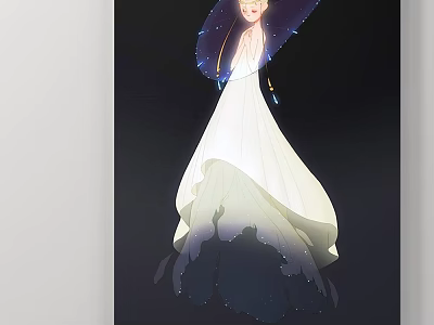 Elegant Digital Portrait of Woman in White Dress and Blue Sequined Hat Against Dark Background 3d model