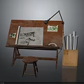 Wooden Drawing Desk And Stool With Blueprints Table Lamp Scrolls And Cardboard Box