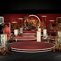 Chinese Style Wedding Stage With Red Background Circular Decorations Flowers And Lanterns