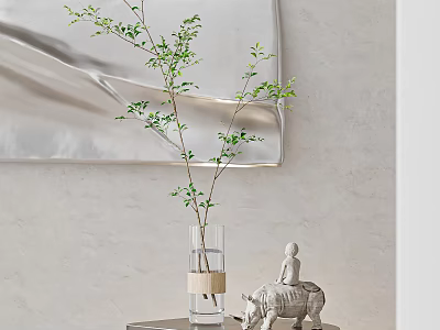 Transparent Vase With Green Branches Beige Band Near White Elephant Figurine Against Light Colored Wall 3d model
