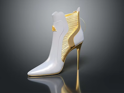 Elegant White High Heel Ankle Boots With Gold Accents And Sleek Design 3d model