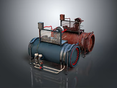 Blue And Brown Cylindrical Industrial Equipment With Pipes Control Panels And Metal Frames 3d model