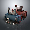 Blue And Brown Cylindrical Industrial Equipment With Pipes Control Panels And Metal Frames