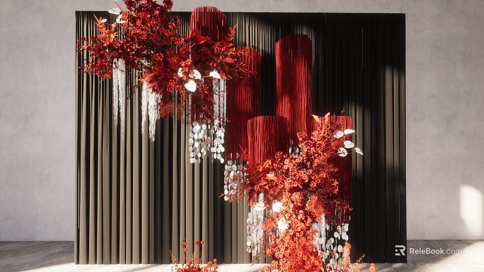 Elegant Red Decorative Flowers With Red Pillars Black Backdrop And Silver Pendants 3d model 