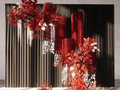 Elegant Red Decorative Flowers With Red Pillars Black Backdrop And Silver Pendants 3d model