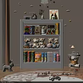 Storage Shelf with Stuffed Toys Food Boxes in Cozy Kids Living Room