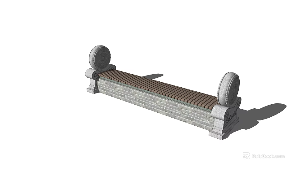 Stone Base Landscape Bench With Wooden Slats And Circular Armrests Design 3d model