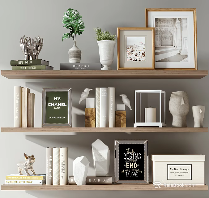 Elegant Decorative Ornament Combination With Books Sculptures Frames Plants Candle And Decorative Box On Shelves 3d model 