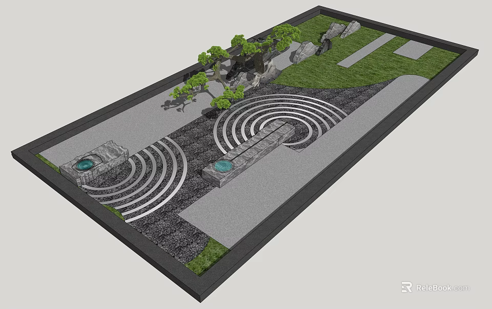 Karesansui Zen Garden Featuring Raked Sand Patterns Stone Arrangements And Moss Patches 3d model 