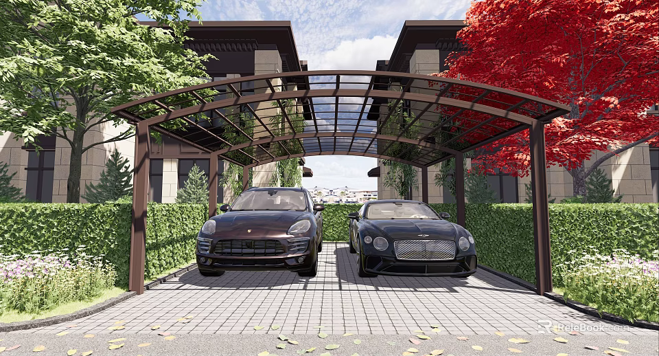 Residential Carport Area With Two Luxury Cars Greenery Trees And Pergola Structure 3d model 