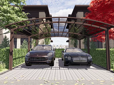 Residential Carport Area With Two Luxury Cars Greenery Trees And Pergola Structure 3d model