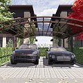 Residential Carport Area With Two Luxury Cars Greenery Trees And Pergola Structure