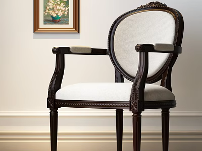 Classic Style Accent Chair with Dark Wooden Frame Carved Details and Light Cushion 3d model