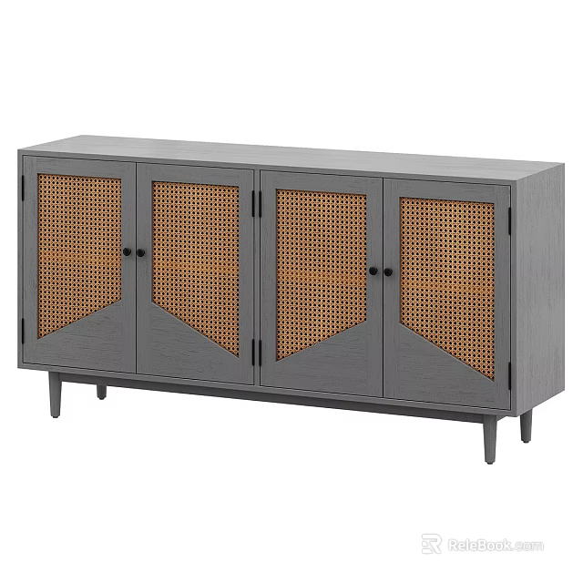Modern Gray Wooden TV Cabinet With Rattan Panel Doors And Slim Legs 3d model 