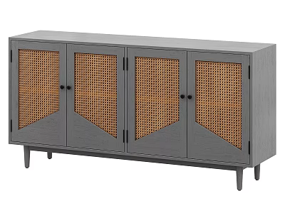 Modern Gray Wooden TV Cabinet With Rattan Panel Doors And Slim Legs 3d model