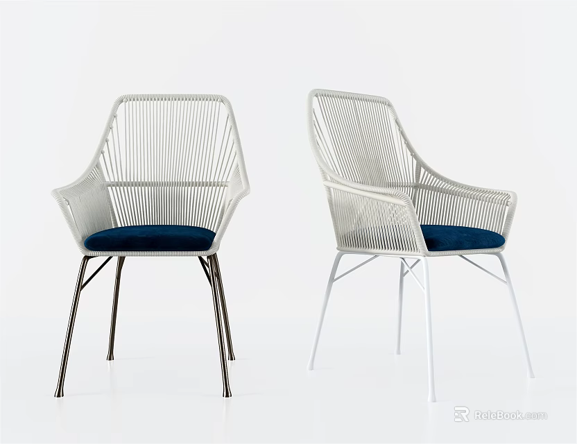 Modern Leisure Chairs with White Rattan Design Metal Legs and Navy Blue Cushioned Seats 3d model 