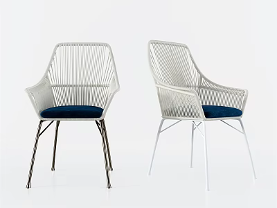 Modern Leisure Chairs with White Rattan Design Metal Legs and Navy Blue Cushioned Seats 3d model