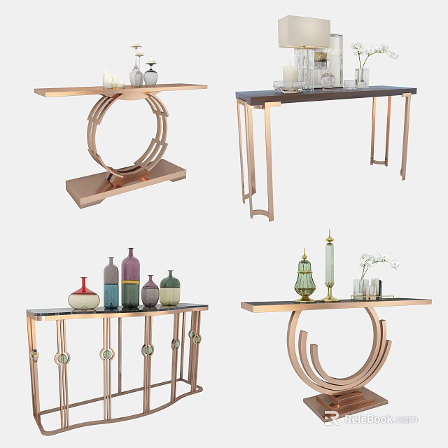 Modern Decorative Console Table With Circular Metal Frame And Decorative Vases Candles 3d model