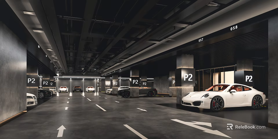 Modern Underground Parking Garage with P2 Signage Parked Cars and Floor Arrows 3d model 