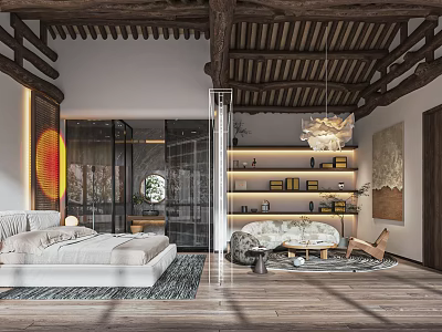 Traditional Hotel Room Interior With Wooden Beam Ceiling Chandelier And Cozy Bed 3d model