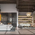 Traditional Hotel Room Interior With Wooden Beam Ceiling Chandelier And Cozy Bed
