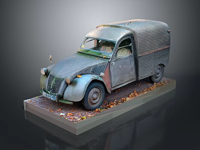Vintage Rusty Old Truck Model Displayed on Base With Fallen Leaves 3d model