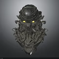 Mechanical Sci Fi Helmet With Yellow Glowing Eyes And Intricate Metallic Structure