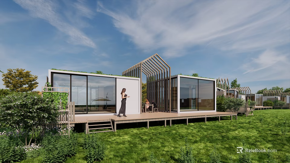 Modern Boutique Guesthouse Architecture With Large Glass Windows Wooden Deck And Green Lawn 3d model 