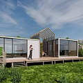 Modern Boutique Guesthouse Architecture With Large Glass Windows Wooden Deck And Green Lawn