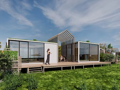 Modern Boutique Guesthouse Architecture With Large Glass Windows Wooden Deck And Green Lawn 3d model