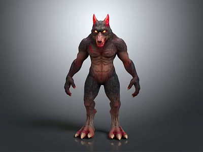 Fierce Werewolf Monster Character With Red Ears Glowing Yellow Eyes Muscular Body And Sharp Claws 3d model