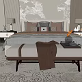 Double Bed with Multiple Patterned Pillows and Bench with Brown Blanket Tray in Elegant Bedroom 3d model