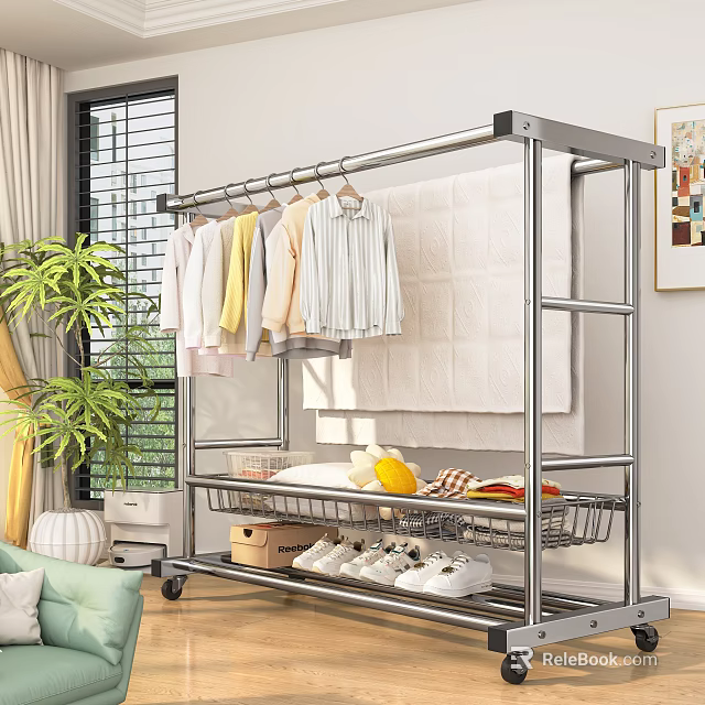 Stainless Steel Clothes Storage Rack With Wheels Hanging Clothes And Shoes In Living Room 3d model 
