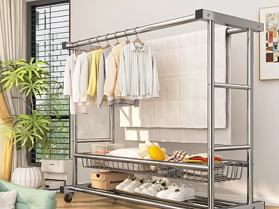 Stainless Steel Clothes Storage Rack With Wheels Hanging Clothes And Shoes In Living Room 3d model