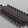 Large Wooden Conference Table With Black Chairs And Blue Electronic Screens On Top