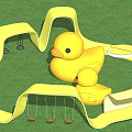 Fun Children's Play Area With Yellow Wavy Structures Rubber Ducks And Swings On Green Lawn