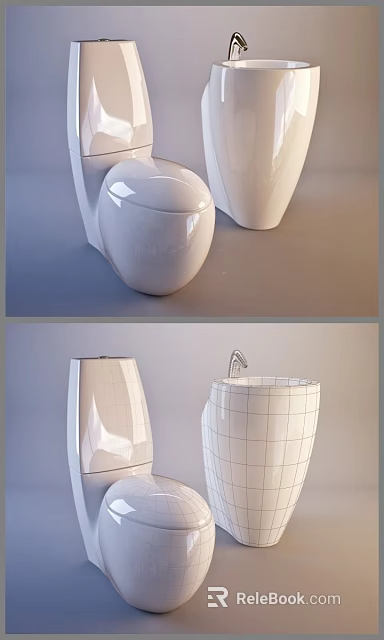 Two Modern White Ceramic Toilets With Sleek Design And Unique Curved Shape 3d model