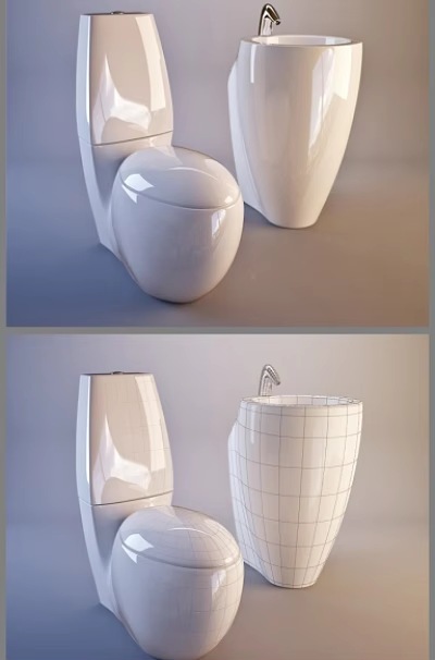 Two Modern White Ceramic Toilets With Sleek Design And Unique Curved Shape 3d model