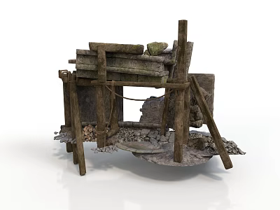 Ancient Wooden Grinding Tool With Rustic Stone Components And Worn Structure 3d model