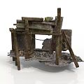 Ancient Wooden Grinding Tool With Rustic Stone Components And Worn Structure